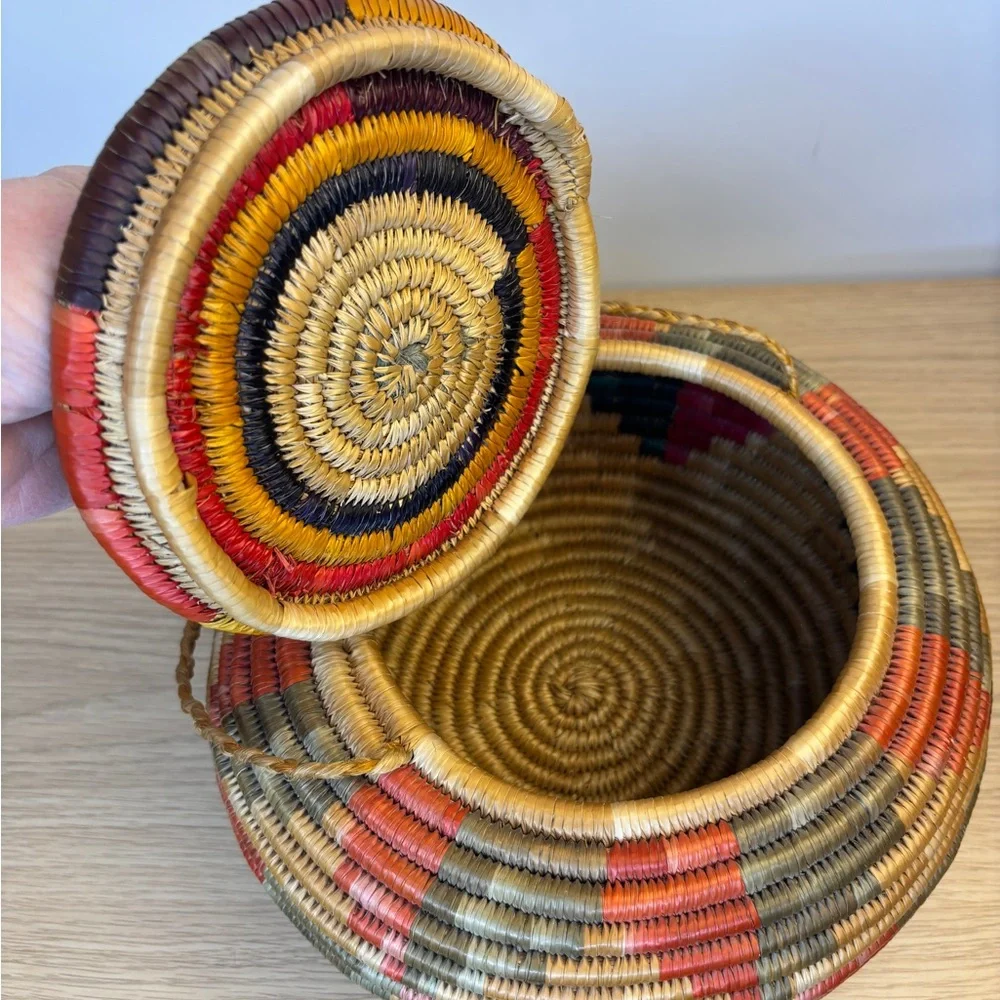 Vintage Handwoven‎ Coil Multicolor Basket with Lid